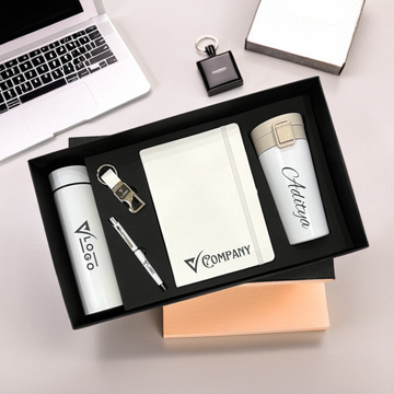 Personalized Corporate Gift Set: Bottle, Notebook, Pen, Keychain & Coffee Mug