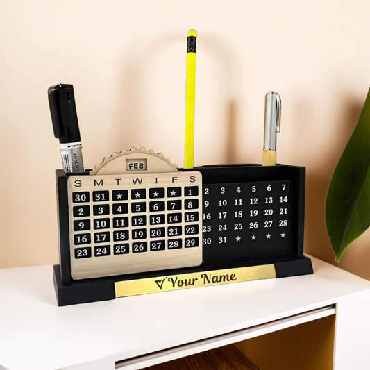 Personalized Wooden Desk Calendar & Pencil Holder Set