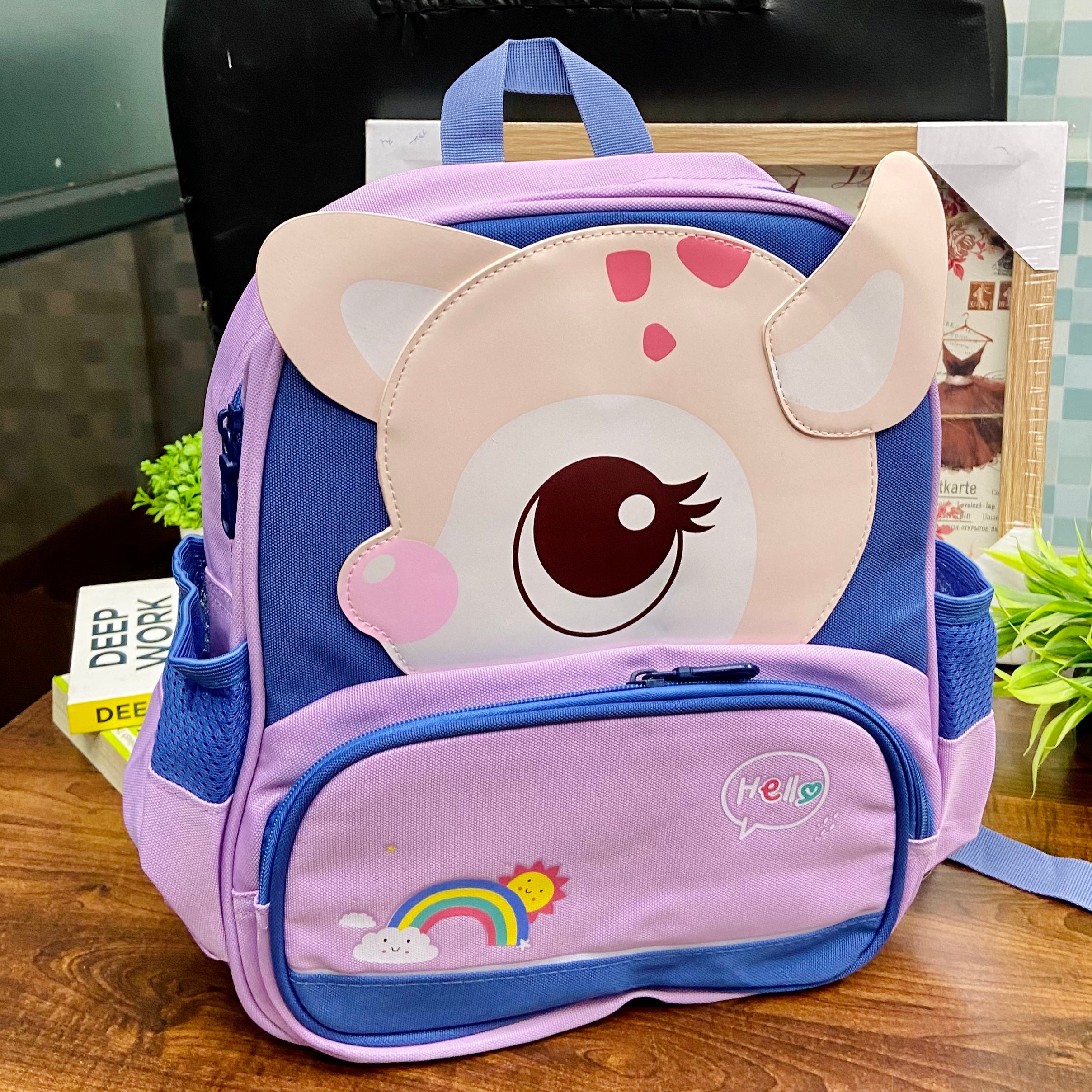 Velvet Printed Baby Pink Girls School Bag